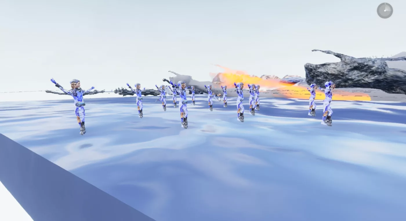 Das Bild zeigt eine computer erzeugte Landschaft in der mehrere Avatare zu sehen sind.