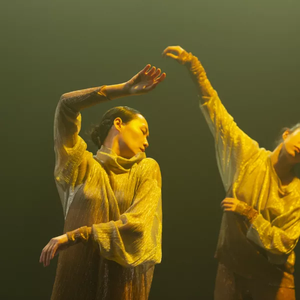 Das Bild zeigt zwei Tänzerinnen. Beide haben ihren rechten Arm über den Kopf gehoben. Eine hat den Kopf zur linken Seite gedreht. Die andere beugt den Oberkörper leicht zur rechten Seite. Auf dem Bild ist Nebel zu sehen.